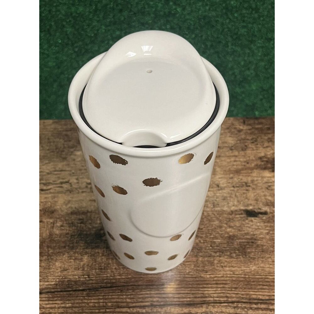 Starbucks 2014 Gold POLKA DOT 10 oz Ceramic Travel Tumbler/Mug w/Lid - Picture 5 of 8